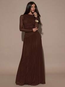 SHEIN BAE Đầm dài tay xếp ly phối lưới tương phản thanh lịch dành cho nữ, thích hợp cho mùa xuân/hè. - Cà phê nâu - Xem 3