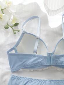 女士花卉蕾丝蝴蝶结装饰时尚内衣套装 - 淺藍色 - 查看 8