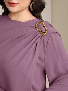 Veilorie Plus Size Women's Solid Color Long Sleeve Split Hem Long Shirt And Wide Leg Pants Casual 2-Piece Set - Purple - View 7