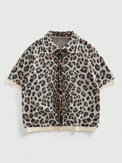 ROMWE MEN Men's Vintage Leopard Print Knit Shirt, Men's Knit Top, Spring/Summer