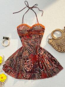 Sunnyshic Women's Summer Casual Vacation Fashion Versatile Daily Wear Bohemian Paisley Print Double-Layer Irregular Hem Contrast Ruffle Splice Spaghetti Strap Bow Tie Strap Short Dress - Multicolor - View 7