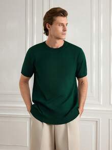 Officeau Suéter de punto de manga corta de unicolor informal para hombres, para primavera/verano - Verde Oscuro - Ver 4
