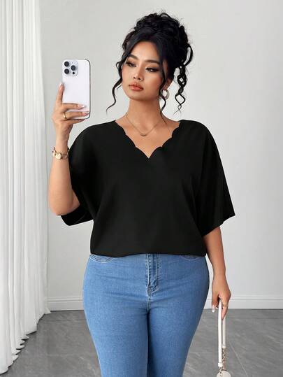 SHEIN Elenzya 波浪激光领插肩袖黑色常规宽松加大码衬衫，适合春、夏、秋季穿着。