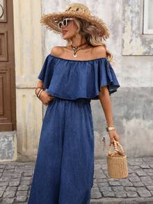 Brillora Bộ jumpsuit denim ống rộng trễ vai bèo nhún phong cách thường ngày mùa hè dành cho nữ - Rửa tối - Xem 5