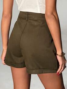 100% Baumwolle High Waist Regular Fit Taschenloses Denim-Shorts mit umgeschlagenem Saum - Grün - Übersicht 2