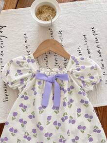 LMoss Kids 女婴碎花方领蝴蝶结装饰短袖连衣裙 - 彩色 - 查看 5