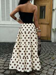 SHEIN EZwear 休闲简约复古优雅通勤百搭暖棕色波点印花图案，沙滩装，度假装，女士夏季装，女士三层蛋糕裙 - 彩色 - 查看 3