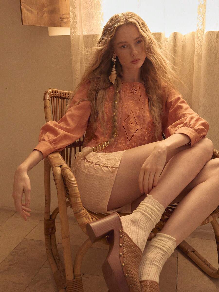 MOTF STUDIO WOMEN'S EMBROIDERY HOLLOW OUT BLOUSE - Orange - View 1