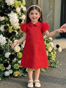 Elladie kids 1pc Girls Summer New Loose Fit Collar Rhinestone Floral Design Cap Sleeve Mesh Back Straight Dress, Simple Yet Fashionable And Elegant Princess Style - Red - View 5