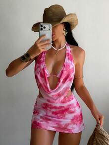 Swim Vcay 3pcs/Set Sexy Floral Draped Neck Backless Drawstring Triangle Bikini Swimwear & Ruffle Slit Mini Skirt, Summer Vacation - Multicolor - View 3