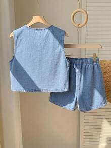 2件套少女蓝色牛仔无袖背心和宽松短裤 - 淺色水洗藍 - 查看 2