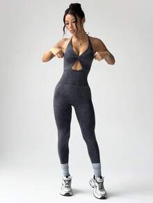 Rhythm Era 女士无缝运动瑜伽双层吊带连体裤/前扭结设计/露背/收腹提臀/哑光质感/时尚性感/健身/跑步/跳跃/百搭 - 黑色 - 查看 4