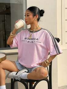 Muchica 女士针织休闲运动撞色T恤 - 粉色 - 查看 5