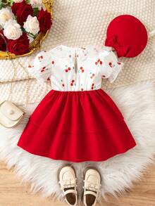 Souflis Souflis 2pcs/Set Baby Girls' Sweet Cute Lace Peter Pan Collar Short Sleeve Bow Dress & Hat Set, Suitable For Summer, Vacation & Party - Red and White - View 2