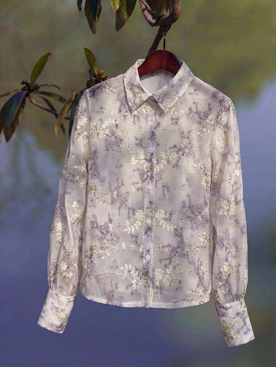 Zanirela Gold Embroidered Jacquard Elegant Long Sleeve Shirt For Commute Fall Cloth For Women - Purple - View 1