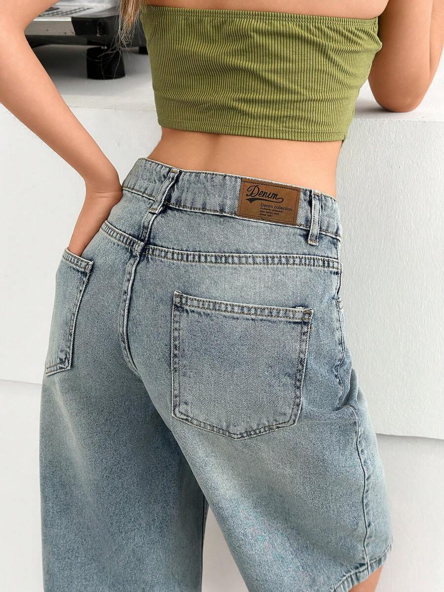 EURMUSE Quần short Bermuda denim nữ kiểu dáng thường ngày, có túi. - Rửa trung bình - Xem 1