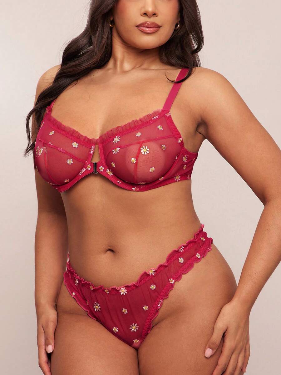 SHEIN BAE 2 件大码浪漫刺绣钢丝性感内衣套装,提拉 - 玫紅色 - 查看 1