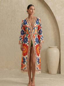 EMERY ROSE 女士印花和服罩衫，配可拆卸腰带，适合海滩、派对、度假等场合。 - 彩色 - 查看 2
