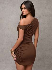 SHEIN BAE Women's Casual Solid Color Ruched Asymmetrical Shoulder Mini Dress,Summer Dresses For Women - Brown - View 2