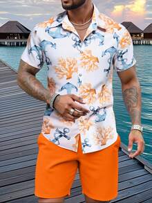 Manfinity RSRT 男士 Anchor & Coral 休闲度假短袖衬衫和短裤两件套 - 彩色 - 查看 3