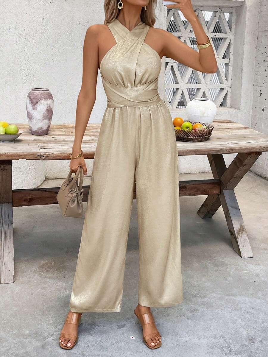 SHEIN Clasi Bộ áo liền quần ống rộng thanh lịch, cổ yếm buộc dây, kiểu dáng lãng mạn. - Vàng - Xem 1