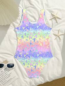 SHEIN Girls One Piece Swimsuit Quick Dry Swimwear Beach Bathing Suit For 8-14 Years - Multicolor - View 2
