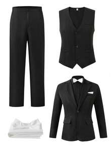SHEIN 5pcs/Set Teen Boy Gentleman Suit, Includes Blazer Jacket + Slim Fit Vest + Dress Pants + Bow Tie + Pocket Square, Elegant High-End Formal Outfit Suitable For Birthday Party, Gala, Performance, Hosting, Wedding Season, Birthday, Wedding, Graduation - Black - View 3