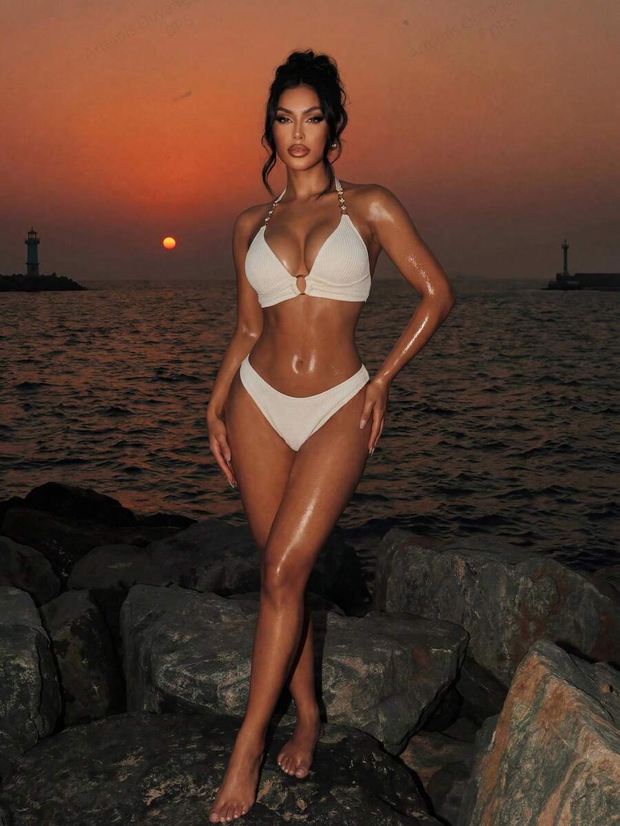 Swim SXY Summer Beach Chain Linked Halter Push Up Bikini Set