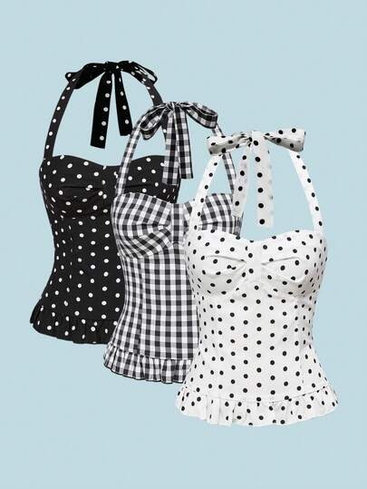 ROMWE Avant Spring/Summer Valentine's Day Women's Romantic Vacation Style Polka Dot & Plaid Backless Halter Neck Tank Top Sets