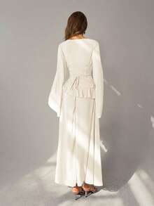 Aloruh Women's Elegant Off-Shoulder Flare Sleeve Ruffle Cinched Waist Back Dress, Beige - Beige - View 5