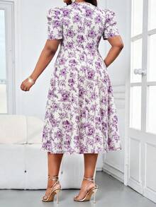 SHEIN Lady 大码女士时尚优雅甜心领花瓣袖连衣裙 - 彩色 - 查看 2