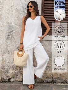 EMERY ROSE 女士夏季纯色V领吊带背心和裤子两件套 - 白色 - 查看 1