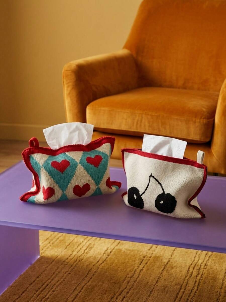 Joivida 1Pc Original High-End Heart Knitted Fabric Tissue Box, Hanging Tissue Cover For Car & Home, Desktop Tissue Storage Pouch - Multicolor - View 1