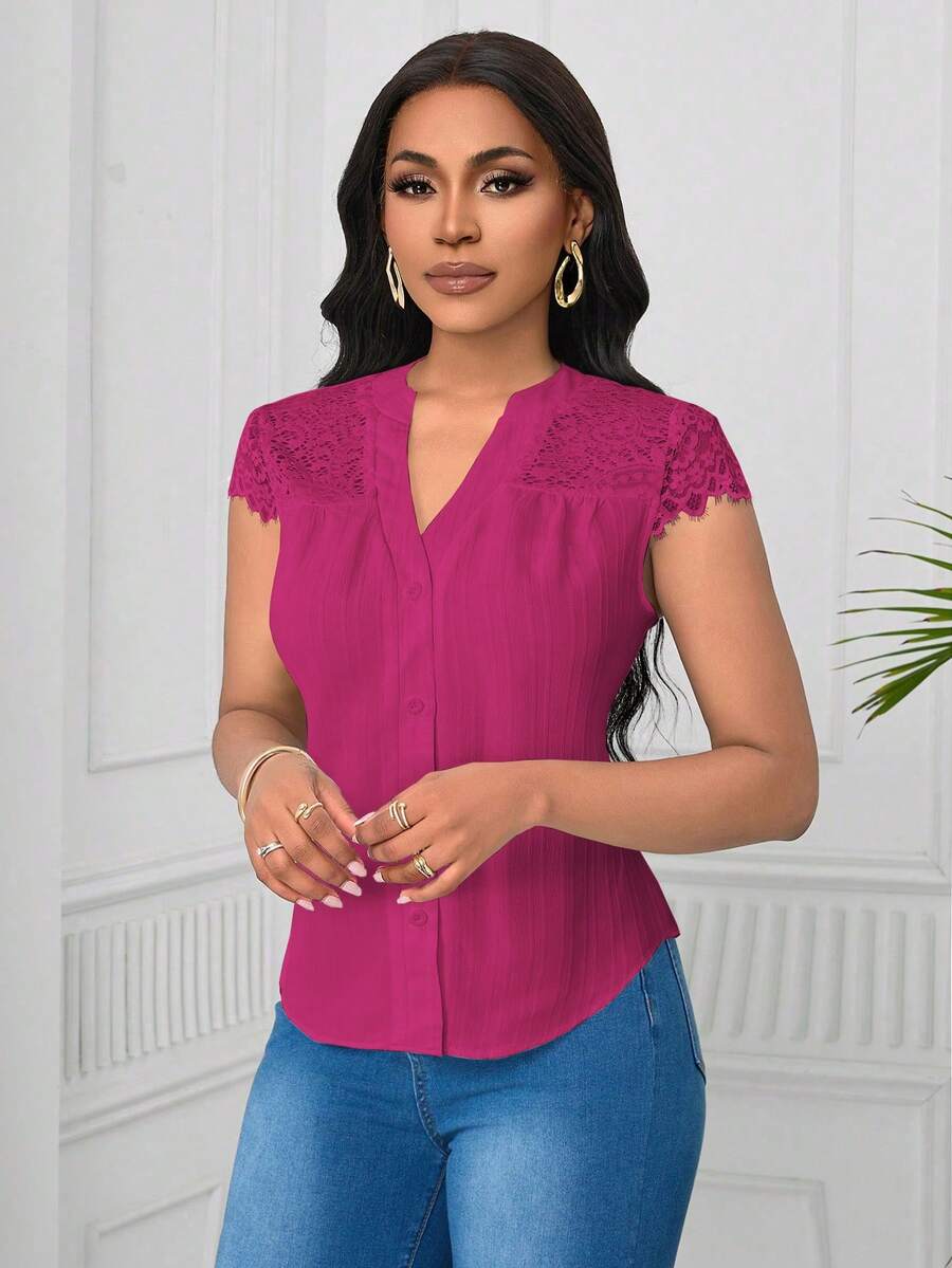 Lunelith SHEIN Lunessa 优雅蕾丝拼接波浪条纹短袖女式衬衫 - 玫紅色 - 查看 1