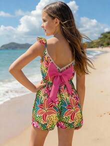 SHEIN Sparklyn Mono de verano casual y lindo para niñas con mangas acampanadas, lazo y flecos - Rosa Fucsia - Ver 5
