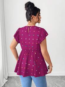Elenzga Plus Size Women's Summer Magenta Cute Heart Print Short Sleeve Top,Everyday Fashionable Pleated Puff Sleeve Slim Fit Blouse Valentine's Day Smock - Hot Pink - View 2
