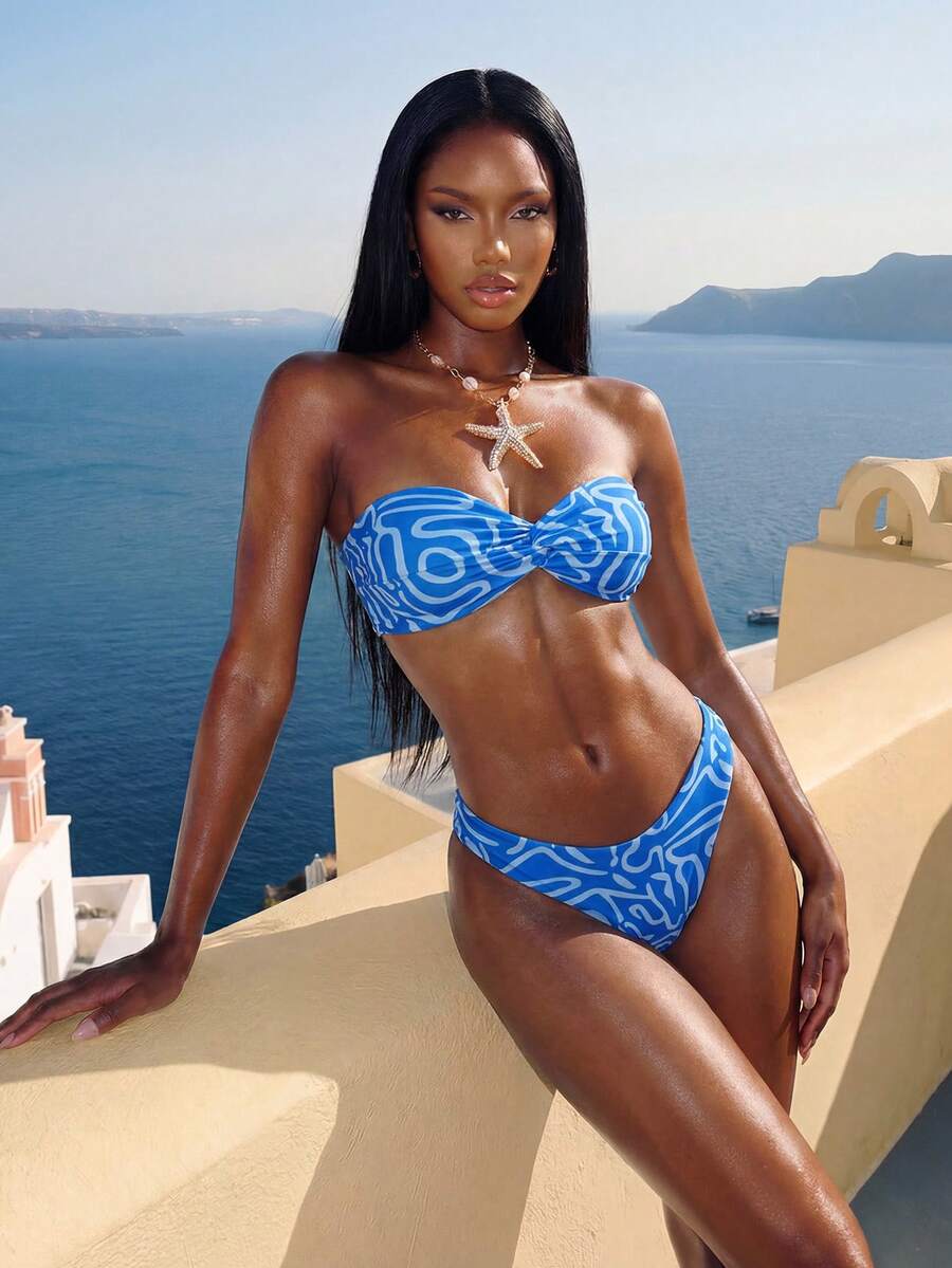 Vaytide Conjunto sexy de bikini bandeau con estampado de rayas para mujer de verano en la playa, patrón de estampado aleatorio - Azul - Ver 1