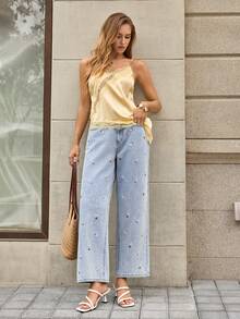 Selenza Nuevos jeans de pierna recta holgados con bordado floral diminuto, efecto estilizante para mujeres - Lavado ligero - Ver 2
