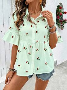 SHEIN Holidaya 女士新款夏季清新白领衬衫，樱花印花，褶裥喇叭袖，宽松版型，休闲百搭，适合通勤、度假等场合，面料舒适。 - 薄荷綠 - 查看 4