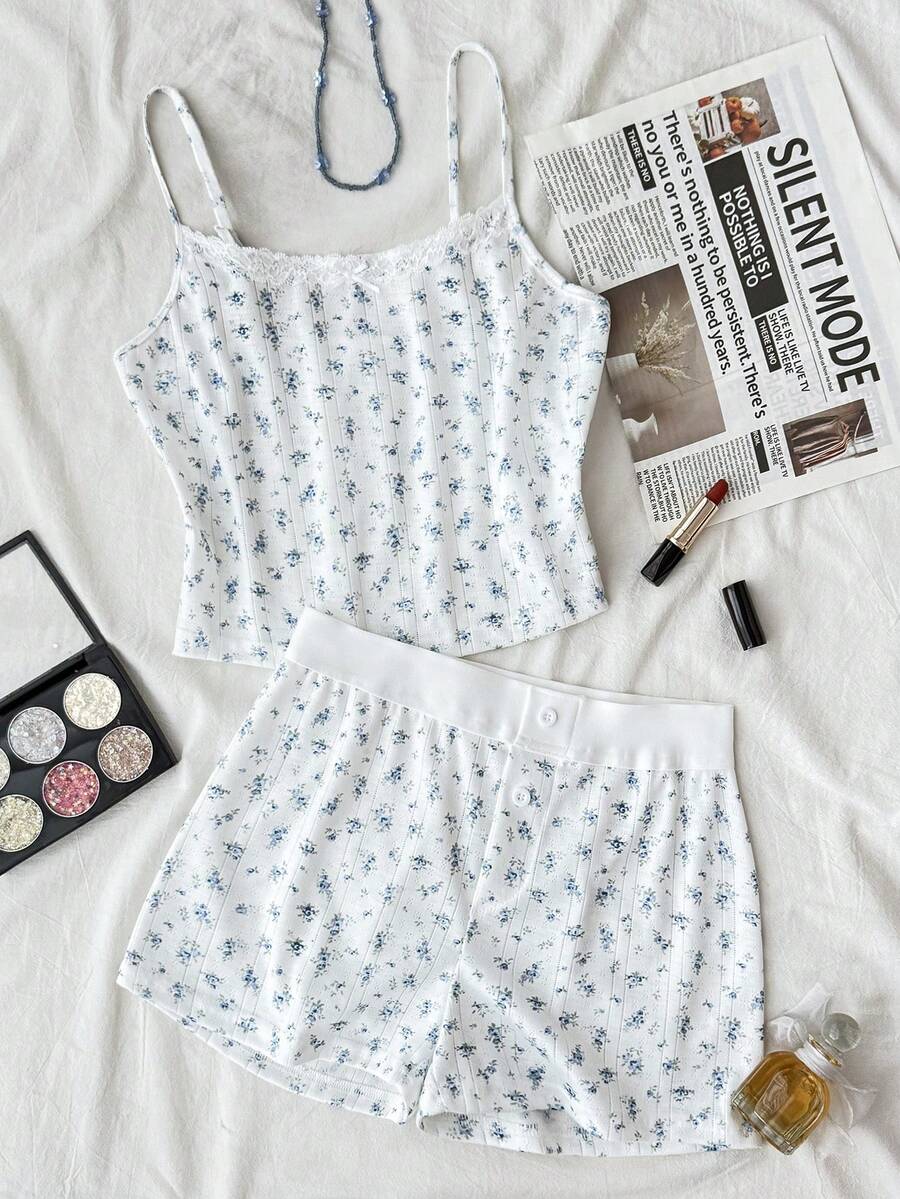 SHEIN 少女春夏情人节家居服，Clean Girl/American BM风格，蕾丝蝴蝶结碎花蓝白吊带背心短裤套装 - 藍白色 - 查看 1