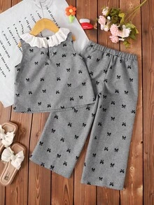 SHEIN 女童荷葉邊圓領蝴蝶結圖案背心與長褲休閒套裝 - 灰色 - 查看 2