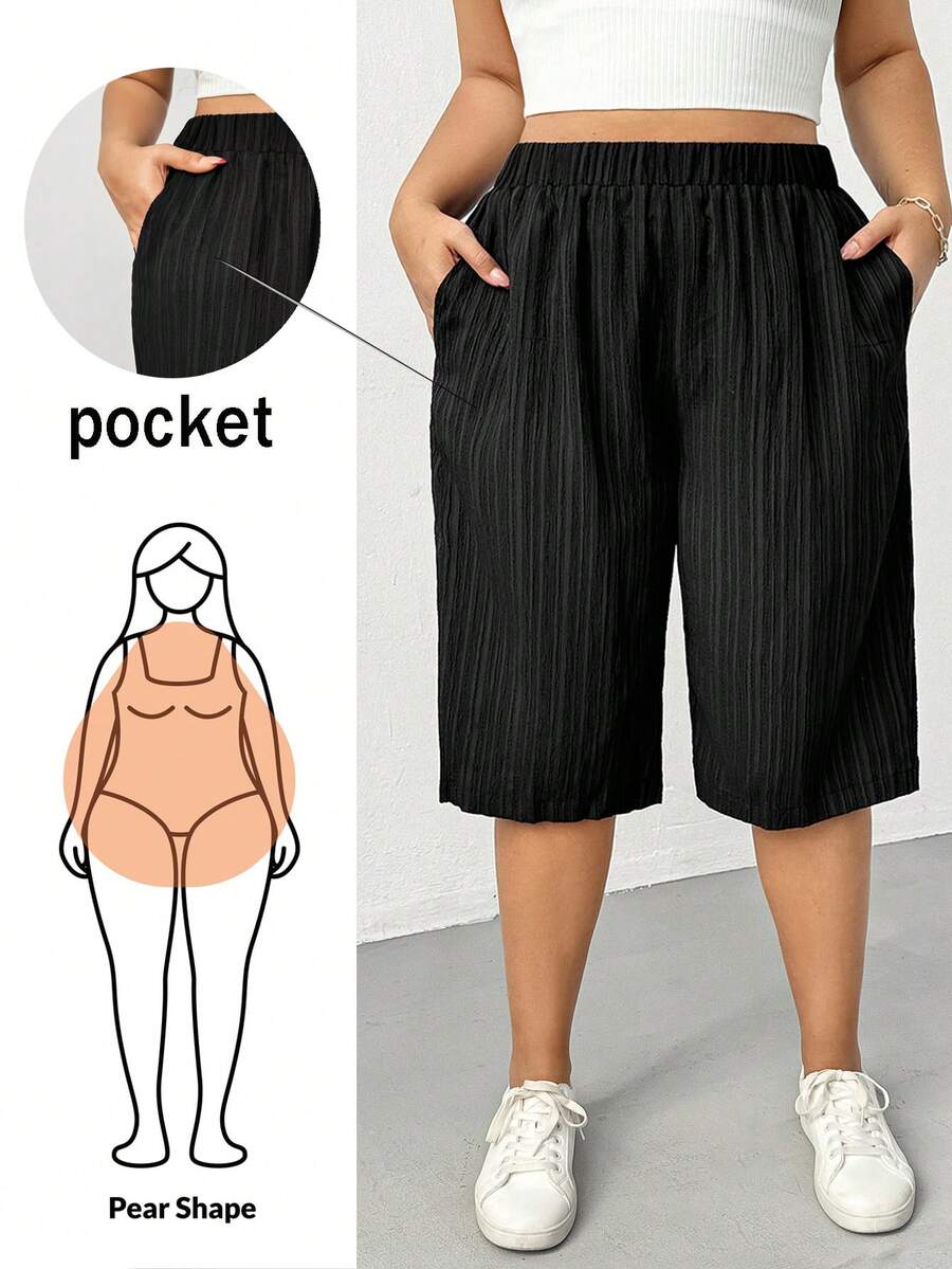 大码女装春夏时尚休闲宽松舒适日常百搭显瘦纹理面料黑色弹力腰五点裤，女式下装，夏季穿搭，曲线短裤 - 黑色 - 查看 1