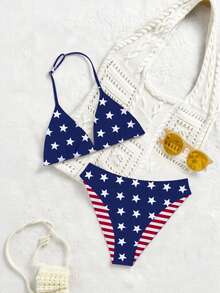 少女五件套泳衣，可调节挂脖上衣和三角泳裤，针织面料，随机星形和线条印花，休闲度假风，夏季海滩泳池派对假日装扮 - 彩色 - 查看 4
