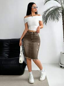 SHEIN LUNE Women's Summer Washed Distressed Frayed Hem Denim Mini Skirt - Coffee Brown - View 4