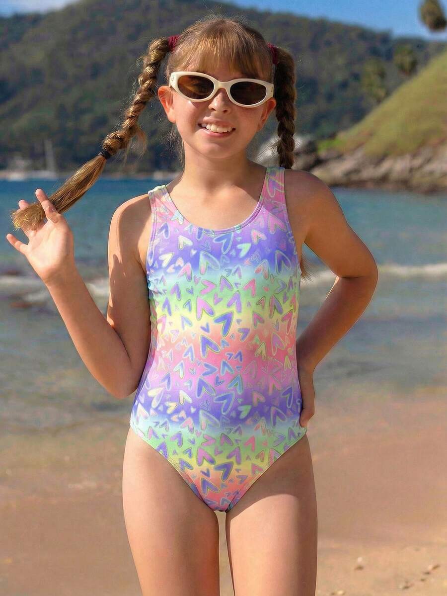 SHEIN Girls One Piece Swimsuit Quick Dry Swimwear Beach Bathing Suit For 8-14 Years - Multicolor - View 1