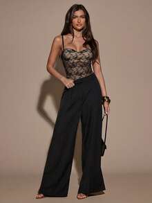 SHEIN BAE Women's Lace Sheer Camisole Vest,Black Floral Elegant Summer Rave Spaghetti Strap Clubwear,Bodycon Bustier Tight Crop Top,Date Night Party Blouse - Black - View 5