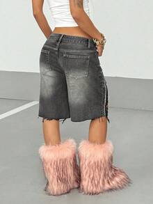 StreetHx Shorts vaqueros con strass desgastados estilo Y2K - Gris - Ver 2