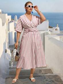 Breezaya Zanzea Plus Size Women's Vertical Striped Dress,Cotton Linen Holiday Beach Vacation Outfits,Summer Tropical Tea Party Casual Pastel Pink Spring Dress - Pink - View 7