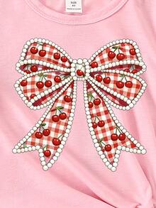 Spring And Summer Baby Girls' Casual Fashion Creative Personalized Fresh Cute Minimalist Cherry, Plaid, Bow Decor Pattern Print Comfortable Basic Short T-Shirt, Cozy Summer And Fall Styles Suitable For Spring, Summer, Autumn, Casual Outgoing Tops - Hot Pink - View 8