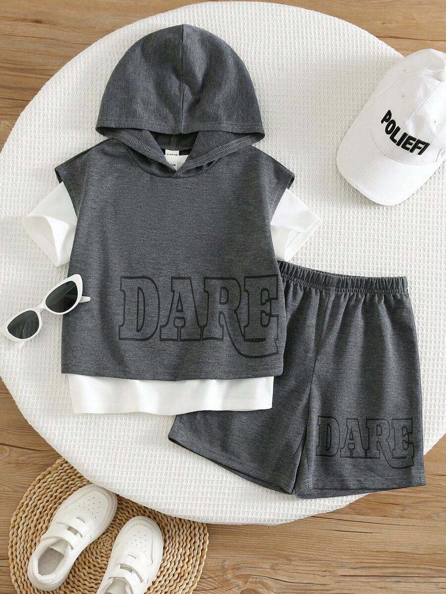 SHEIN 3pcs/Set Young Boys Casual Street-Style Summer Outfits,Soft Printed Vest,Light Grey Round Neck Short Sleeve T-Shirt,And Cargo Pocket Shorts Tracksuits